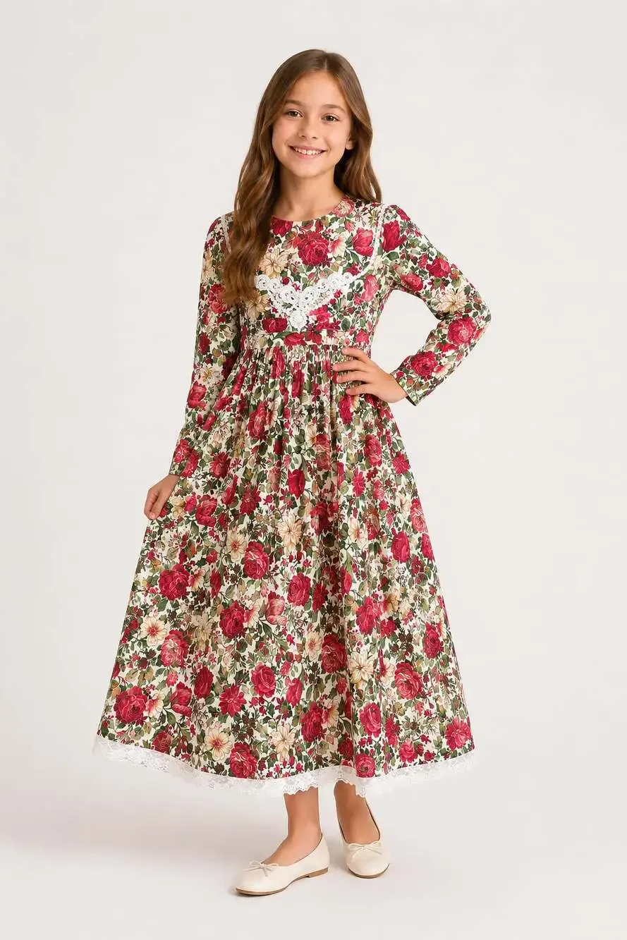 Vintage Bonnie Jean New York Red Floral Holiday Dress With Lace Trim Size 10
